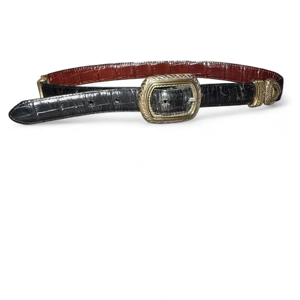 Women’s Size S Black Brown Reversible Belt Western Style Gold Buckle croc emboss